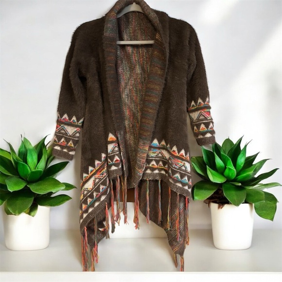 easel Sweaters - Easel Aztec Fuzzy Fringe Cardigan